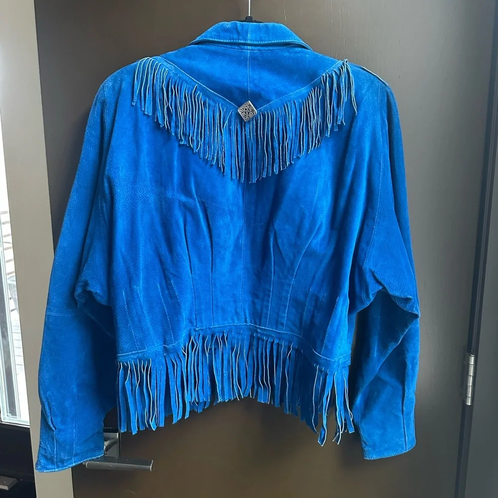 Vintage Blue Suede Fringe Cropped Jacket Western Boho Cowgirl M - Picture 2 of 9